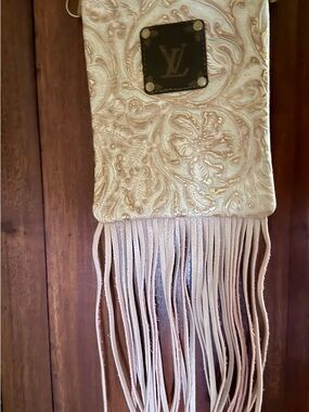 Upcycled LV Cream Embossed Fringe Crossbody Bag